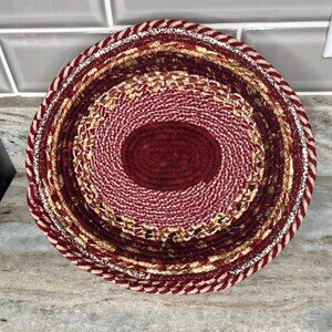 Handwoven Red & Beige Fabric Basket Bowl 9" Diameter Vegetable Bowl Bohemian